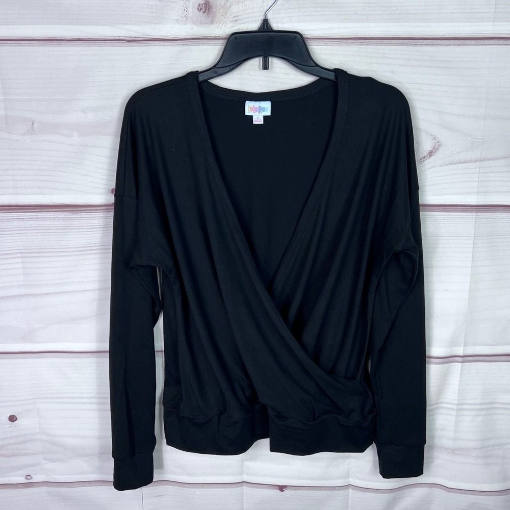 Lularoe Top Womens S Black Faux Wrap Blouse V-Neck Solid Long Sleeve Pullover